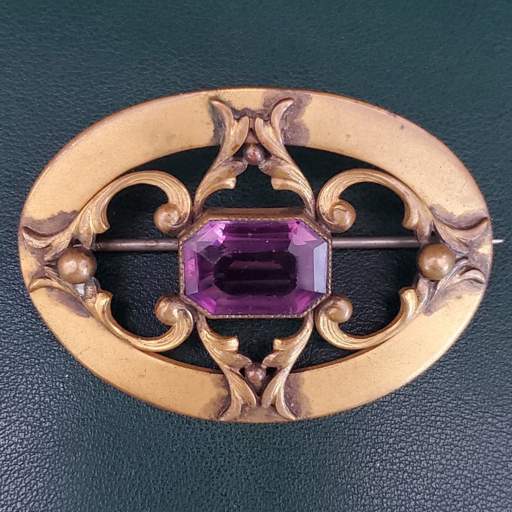 VTG Oval Brooch Sash Pin Brass Purple Emerald Cut Stone Art Nouveau Victorian - Picture 2 of 6